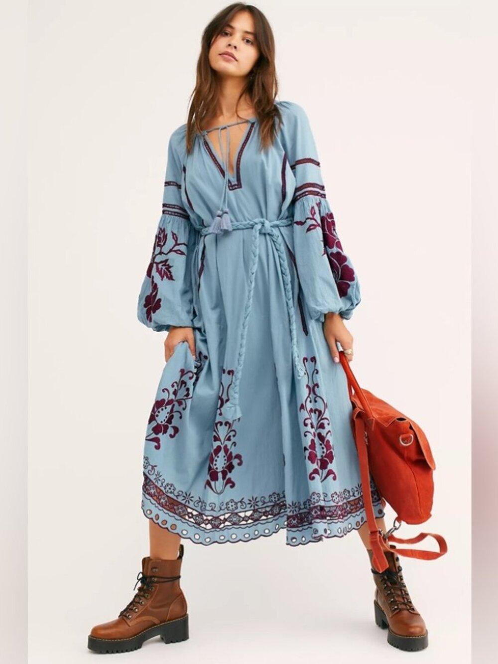 Free People French Romance Bali Boho Embroidered Eyelet Midi Belted DEFECT NWT
